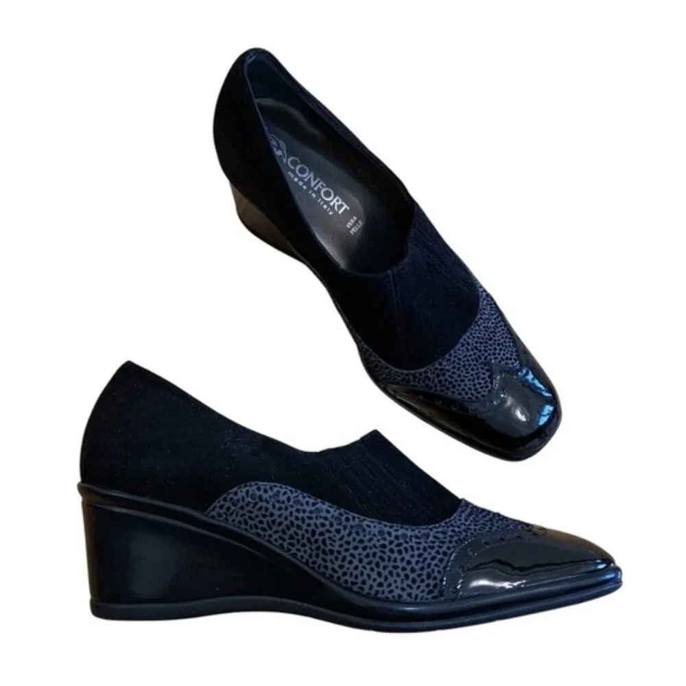 Italian Made Black and Grey Women's Wedge Comfort Shoes - Picture 1 of 4